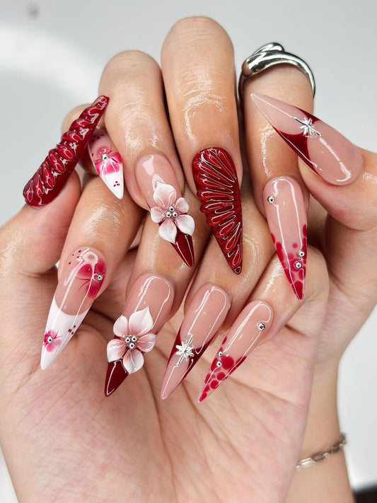 Deep Lily & Crimson Ripple Nails | 3D Floral Dark Red Press Ons | Luxury Moody Romantic Burgundy Stiletto Art | JB370IC