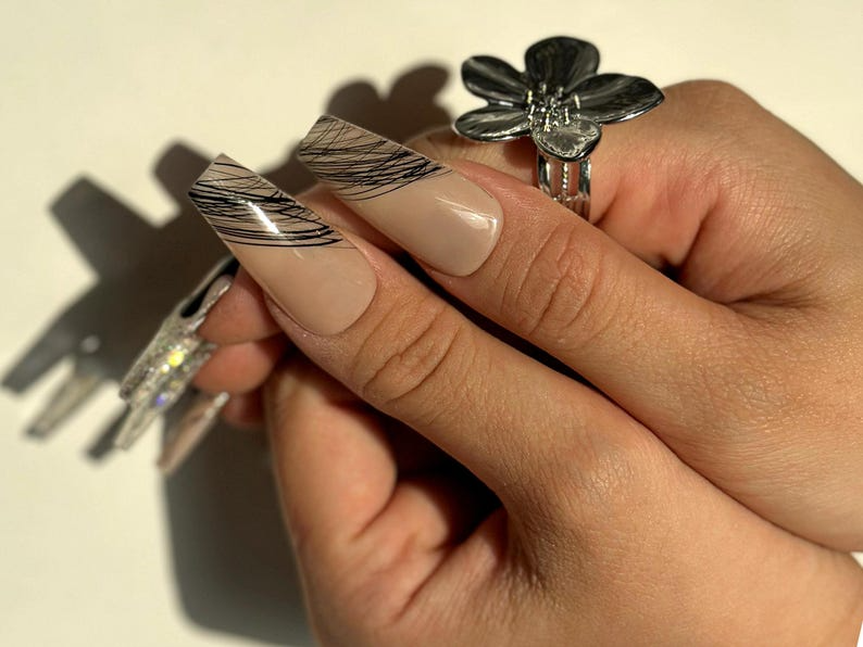 Glitter Web Glam Press On Nails | Sparkling Halloween Spider Nails | 3D Gold Spider & Web Nail Art | Long Coffin Glitter Nails | HB1079EC