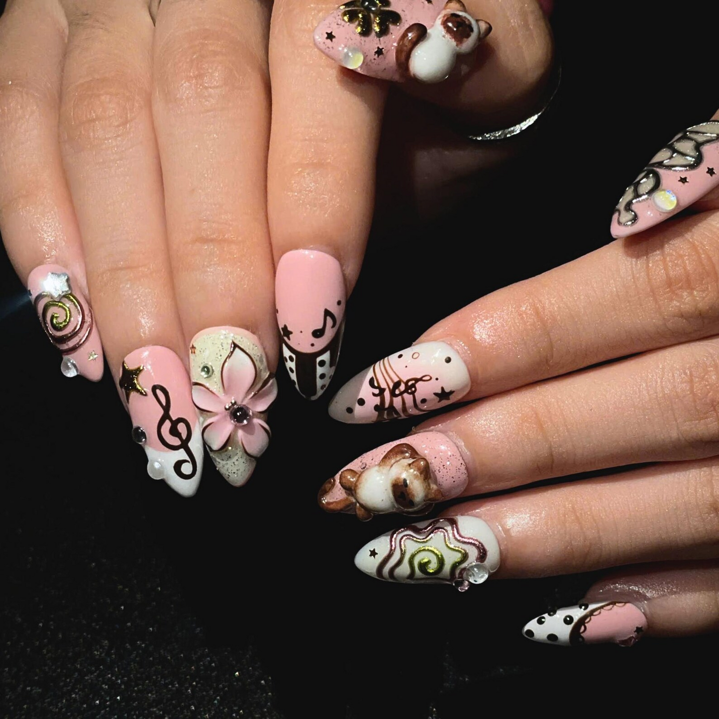 Cute Aesthetic Press On Nails | Kawaii Charm Nail Set | Y2K Inspired Handmade Nails | Pink Brown 3D Statement Nails | OB450UC