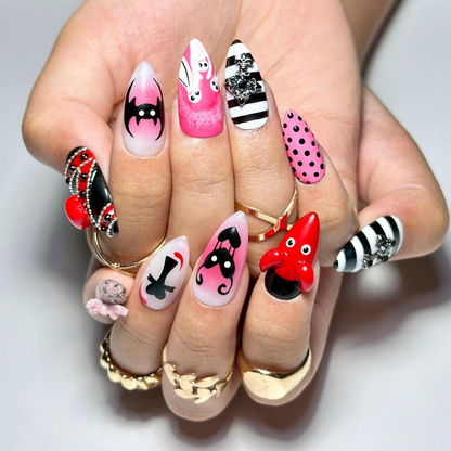 Gothic Halloween Press On Nails | Black Cross & Skull Fake Nails | Pink Cute Scary Nail Art |Cartoon Horror Press Ons |Horror Nails |HB581YC