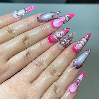 Hot Pink Press On Nails | Luxury Cyber Gyaru Stiletto Nails | 3D Chrome Flower Metallic Fake Nails | Y2K Futuristic Gift | OB406LK
