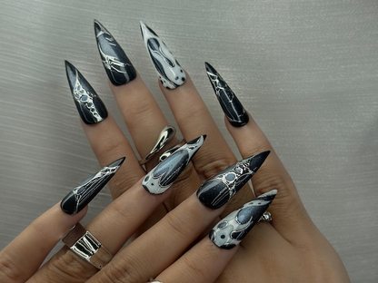 Lunar Eclipse Press On Nails | Black & Silver Metallic Nail Art | Space-Inspired Chrome Design | Gothic Celestial Nails | HC1166BK
