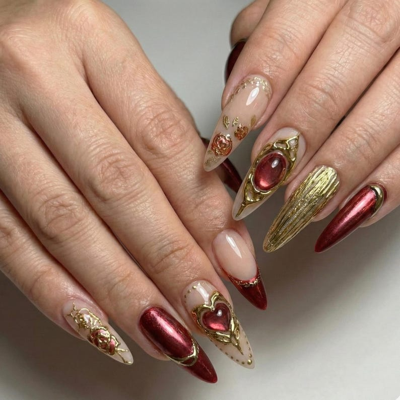 Press On Nails Adhesive Tabs – Nude Burgundy Gold Heart & Rose Chrome Long Stiletto Handmade Fake Nails for Luxury Romantic Look