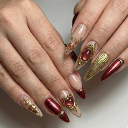 Press On Nails Adhesive Tabs – Nude Burgundy Gold Heart & Rose Chrome Long Stiletto Handmade Fake Nails for Luxury Romantic Look