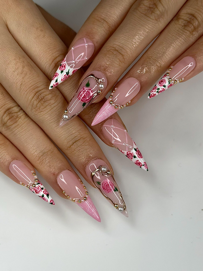 Vintage Rose Stiletto Press On Nails | Pink Rose Bridal Nails for Women | French Tip Floral Nails | Pearl Gold Nail| Romantic Nail |HB1276HC