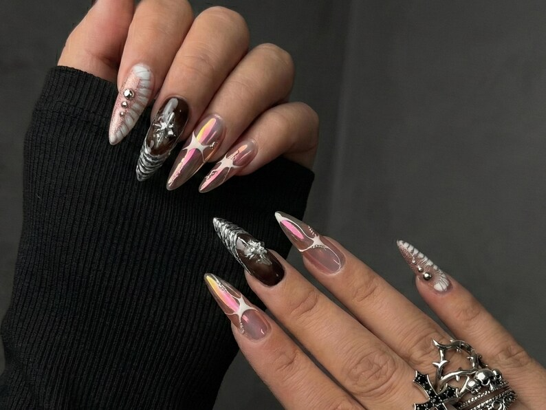 Press On Nails Adhesive Tabs – Black Pink Chrome Cross & Star Long Stiletto Handmade Fake Nails for Gothic Luxury Look