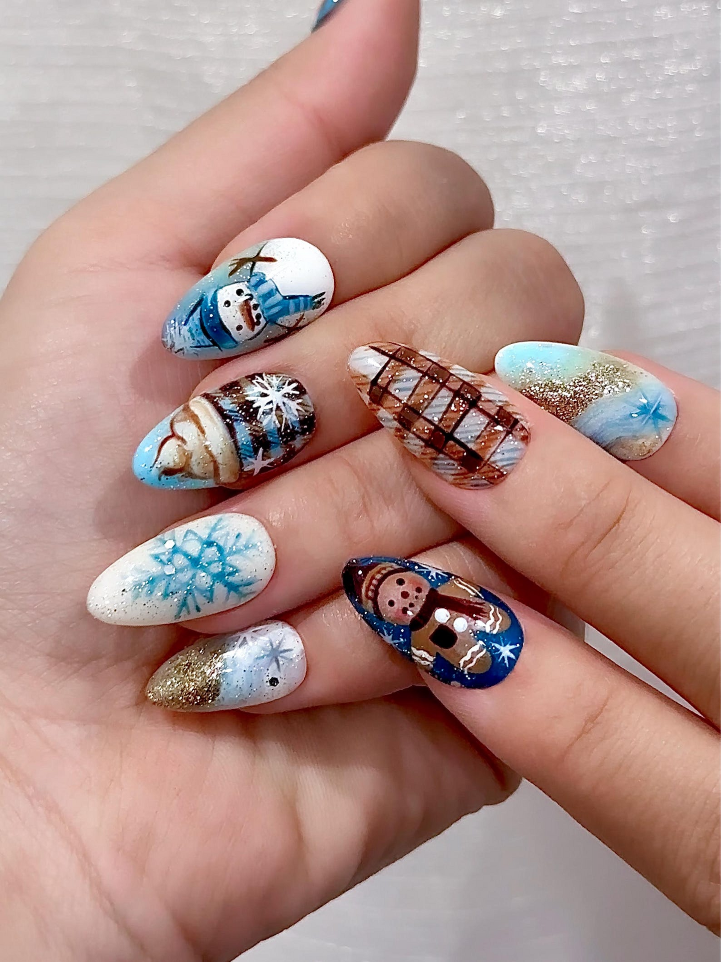 Blue Cottagecore Christmas Press On Nails | Holiday Gingerbread Winter Nail Art | Snowman & Candy Cane Art | JB240EG