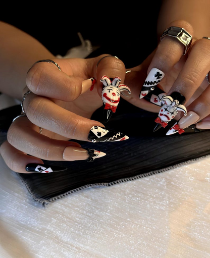 Harlequin Joker Halloween Press On Nails | Black White Red Gothic Nail Art | 3D Clown Accent Stiletto Nails | Playing Card Inspired |JB194EC