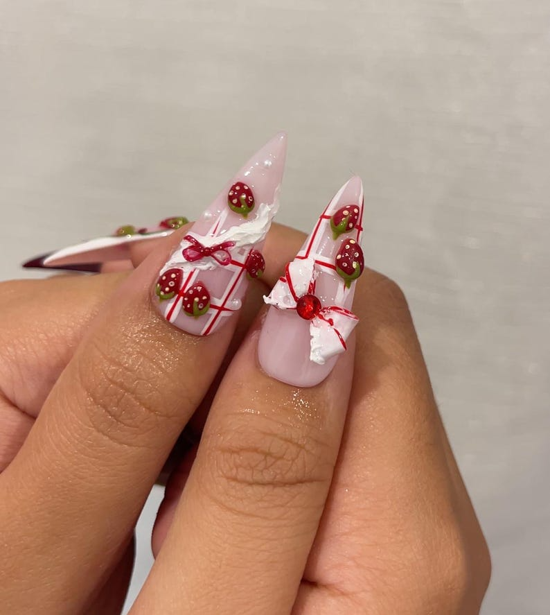 Strawberry  Press On Nails For Christmas  | 3D Strawberry & Whipped Cream Nail Art | Cute Festive Press Ons| Sweet Winter Nail Design| JC226HC