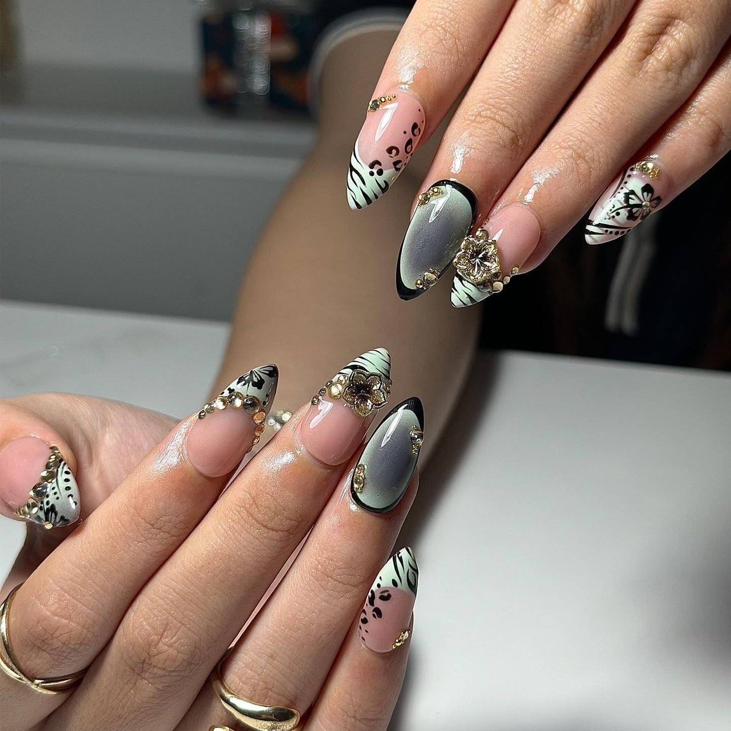 Nude Pink Press On Nails with Black Floral and Gold Charm | 3D Elegant Nails in Almond Shape | Handmade Nails for Party, Wedding | JC333NC