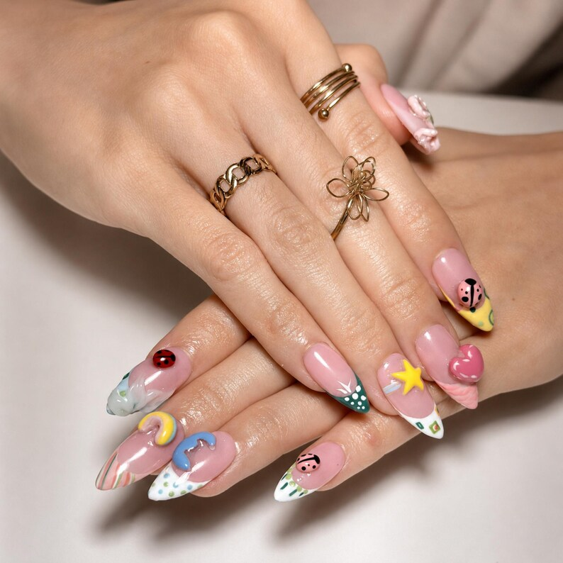 Cute 3D Ladybug Summer Press On Nails Almond • Tropical Pool Party Vibe • Rainbow Star Heart Charm • Colorful French Tip • OB1366DG