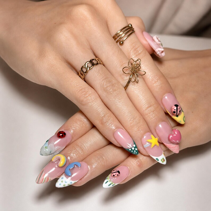Cute 3D Ladybug Summer Press On Nails Almond • Tropical Pool Party Vibe • Rainbow Star Heart Charm • Colorful French Tip • OB1366DG