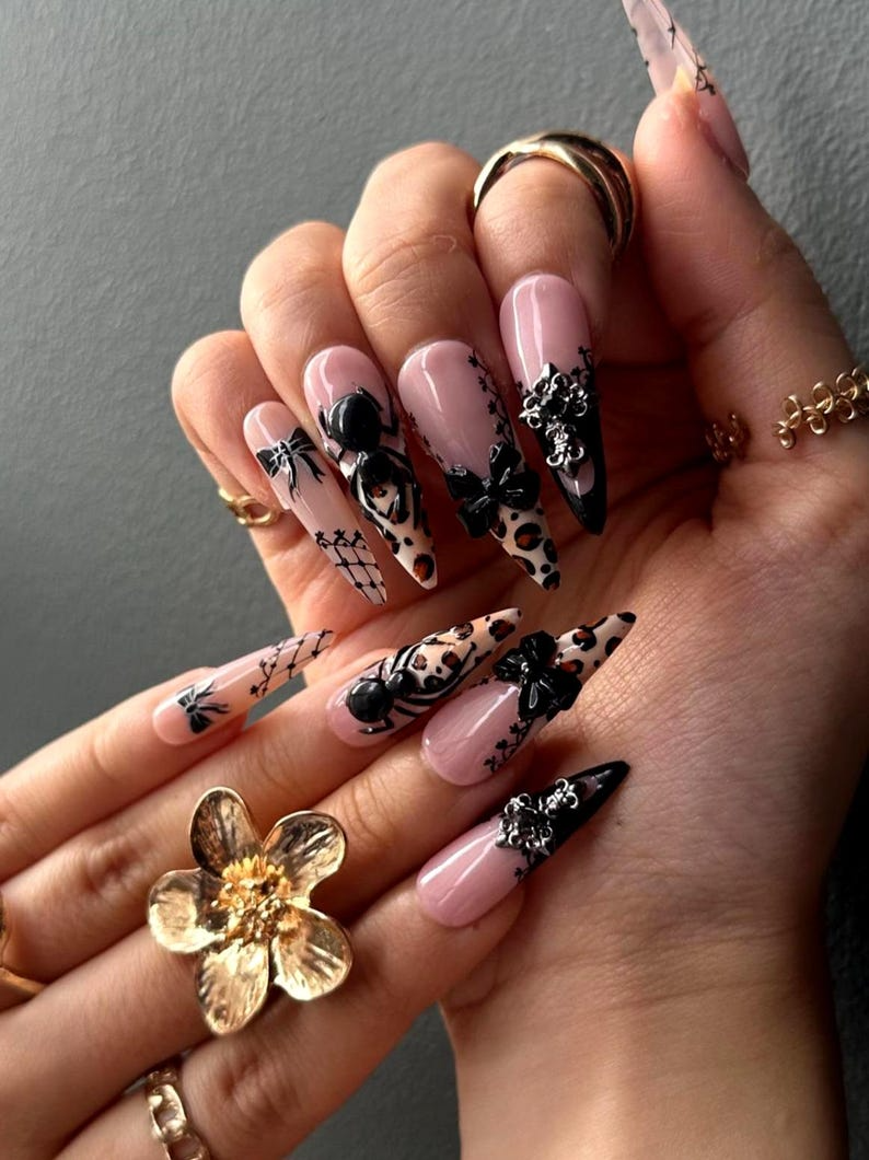 Vintage Halloween Leopard Press On Nails | Gothic Pumpkin & Spider Web Nail Art | Handmade Halloween Nail Set | Gothic Nail Set | JB180HC