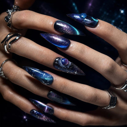 Galaxy Space Press On Nails Long Stiletto • 3D Planet Art • Nebula Milky Way Handpainted Stars • Festival Rave Party • OB1362DG