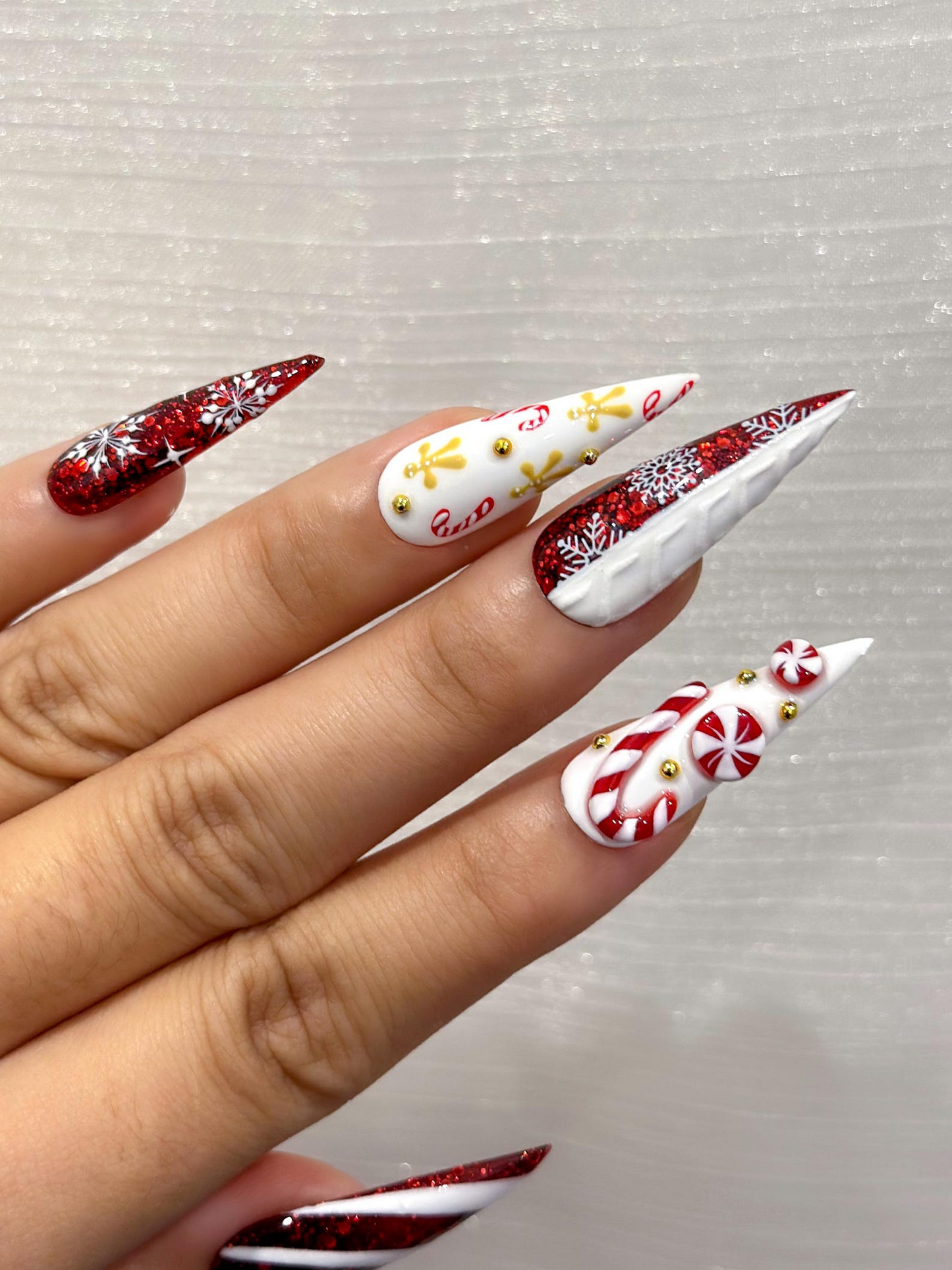 Red Glitter Christmas Press On Nails | Nails | Candy Cane Christmas Nail Art | Holiday Stiletto Nail Art | Luxury Festive Press Ons|HB1210EC