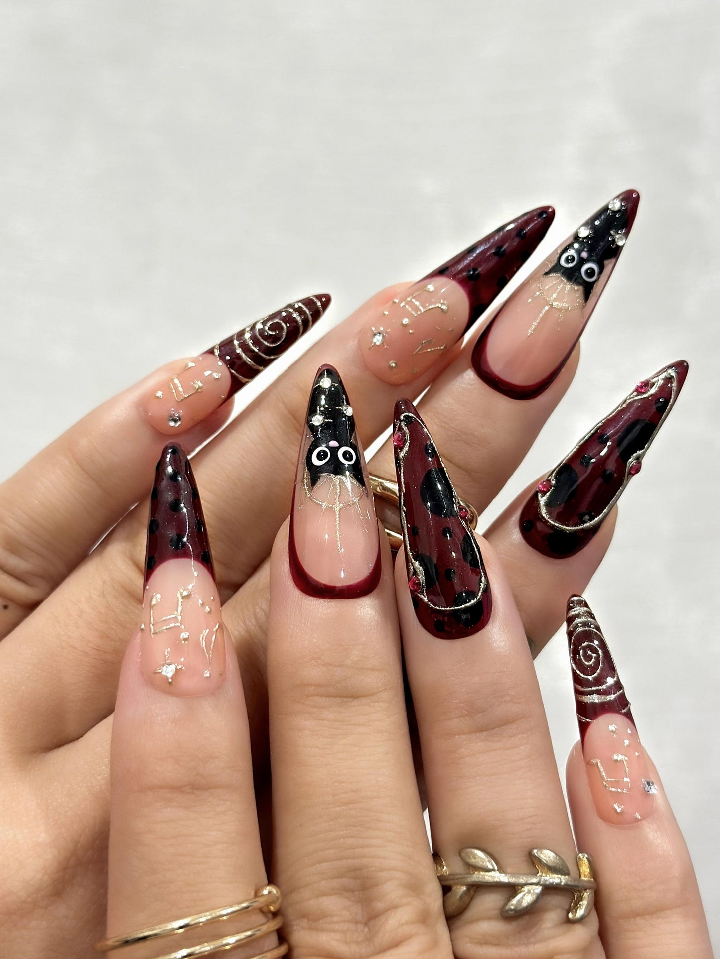 Gothic Ruby Witch Press On Nails | Red Black Sorcery Nail Art | 3D Ring Accents & Mystic Symbols | Luxury Dark Glam Set | HB1202EC