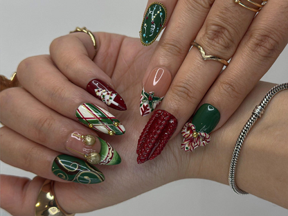 Red & Green Holiday Press On Nails For Christmas | 3D Christmas Nail Art  | Gingerbread & Bow Press Ons | HB1198HC