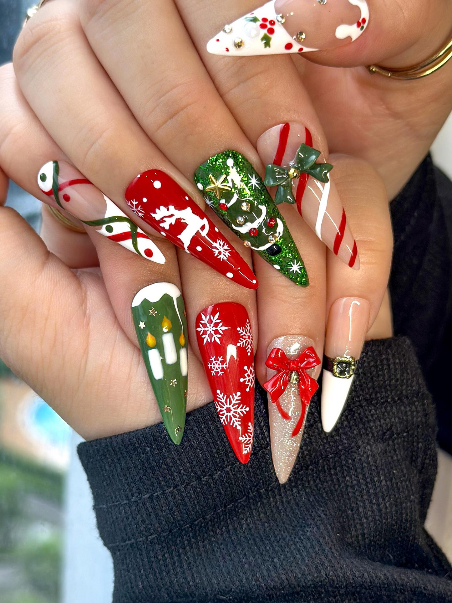 Cozy Knit Christmas Press On Nails | Red Green Holiday Nail Art |Festive Tree & Ribbon Design| Candy Cane And Snowflake Design | HB1195EK