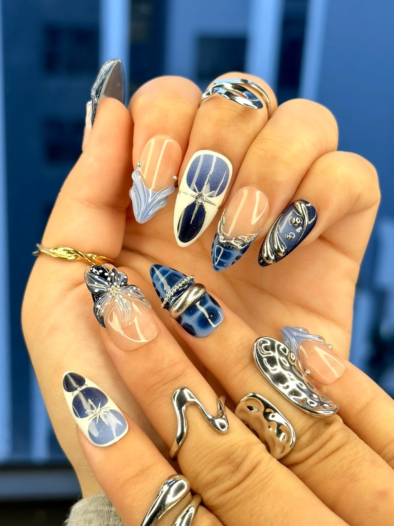 Winter Midnight Spark Press On Nails | Blue Chrome Nail Art | Silver Star 3D Nails | Elegant Winter Press Ons | JB214EC