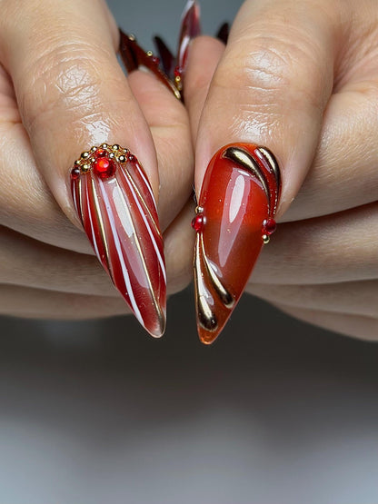 Chrome Glam Press On Nails | Red Green Gold Luxury Nails | Festive Glitter Stiletto Nails | Handmade Elegant Press Ons | DC1047HC