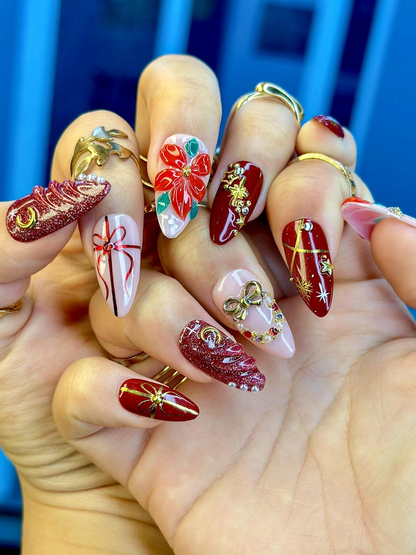 Floral Christmas Press On Nails | Red Gift Bow Nails | Luxury Winter Nail Art | Red Gold Holiday Nail Set | JB213EK