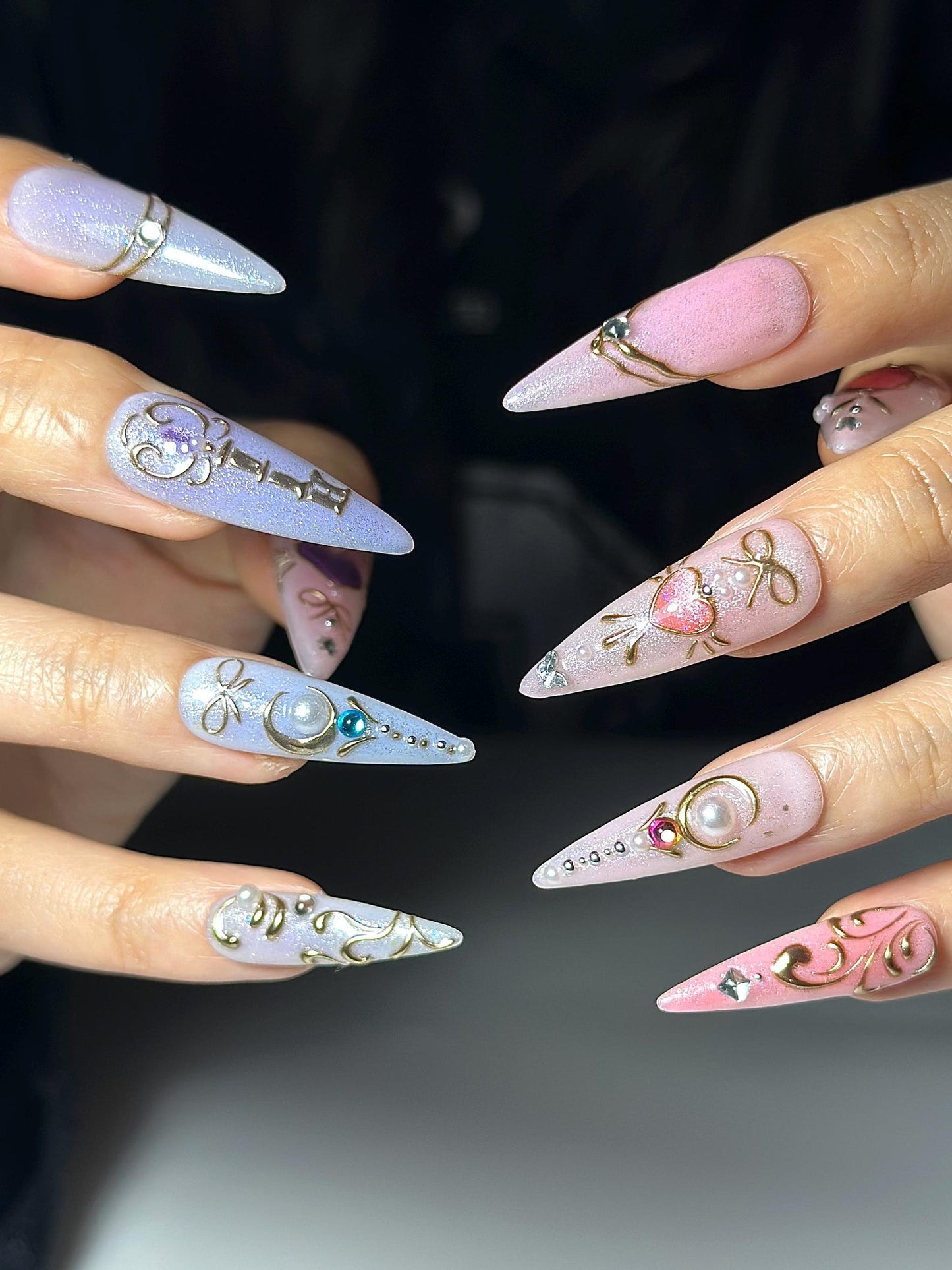 Pastel Cat Eye Press On Nails | Pink Purple Ombre Nails | Cute Heart Bow Nail Art | Elegant Gold Detail Nails| Fairycore Press Ons| HC1307HC