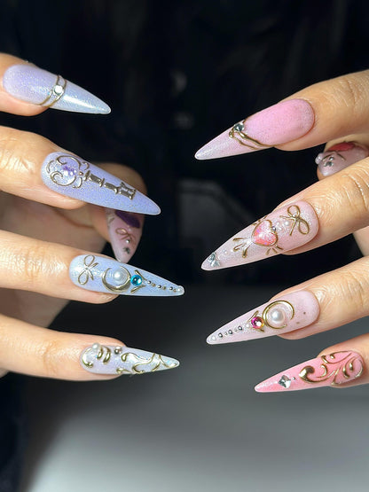 Pastel Cat Eye Press On Nails | Pink Purple Ombre Nails | Cute Heart Bow Nail Art | Elegant Gold Detail Nails| Fairycore Press Ons| HC1307HC