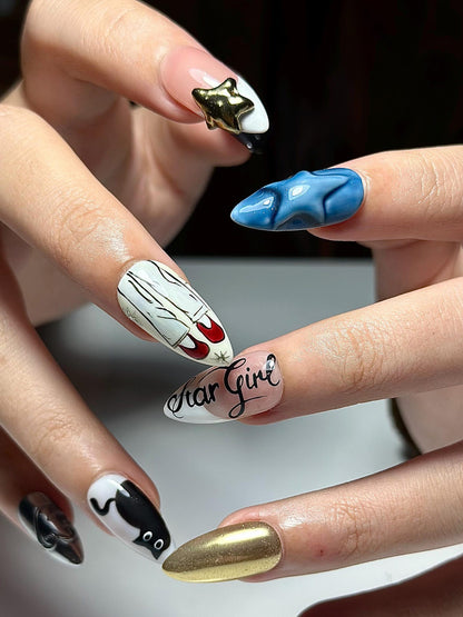 Y2K Cartoon Press On Nails | Black Cat Star Nails | Trendy Girl Nails | Cute Edgy Nail Design |Gold Detail Nails | Chrome Nail Set|HC1312IC