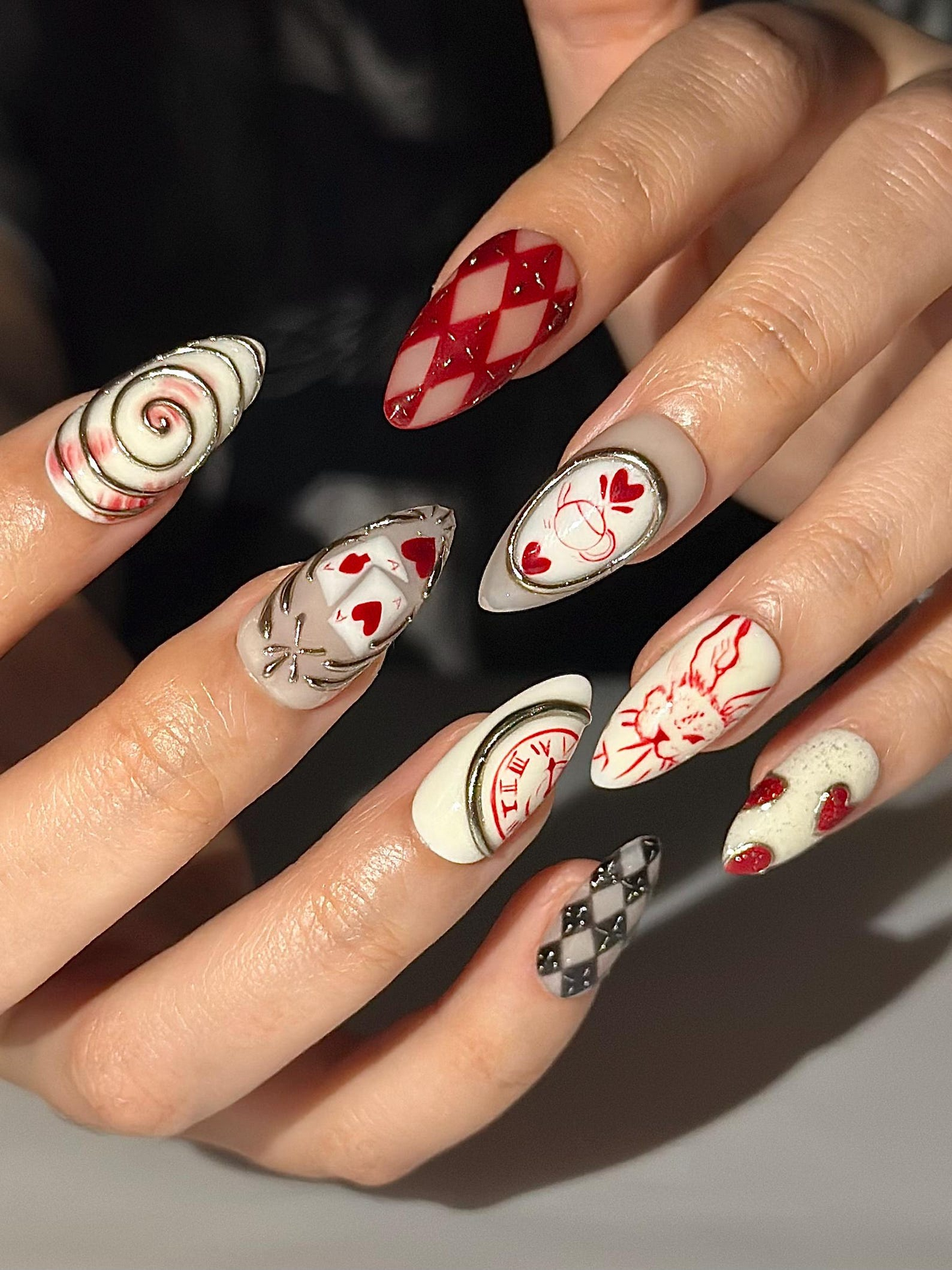 Alice Wonderland Easter Press On Nails | Playing Card Heart Nails | Red White Nails | Fantasy Swirl Set | Handmade Press Ons | HB1295HC