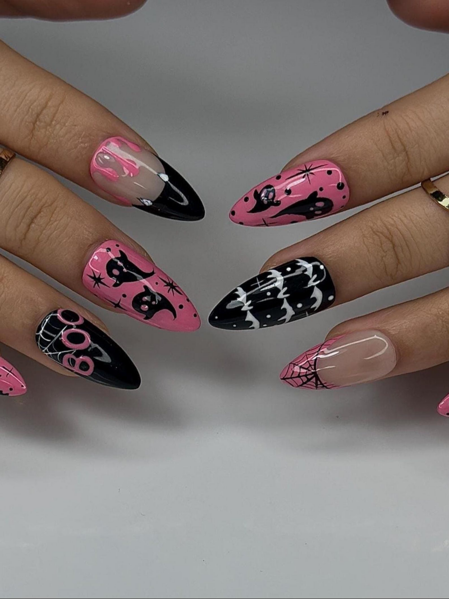 Pink Spooky Ghost Press On Nails | Cute Halloween Nail Art | Black & Pink Spiderweb Nail |Girly Gothic Press Ons |Creepy Cute Nail | JC144HC