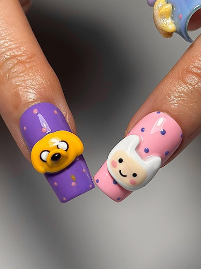Adventure Time Press On Nails | Finn & Jake Cartoon Nails | Cute Kawaii Character Nail Art | Colorful 3D Nails | Fun Press Ons | JB331HC