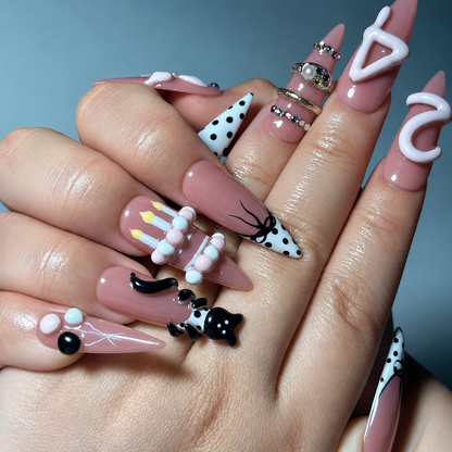Custom Birthday Press On Nails | Pink Coquette 24 Nails, 3D Cake Bow Nails, Cute Party Nails, Reusable Gift for Her | OB435LG