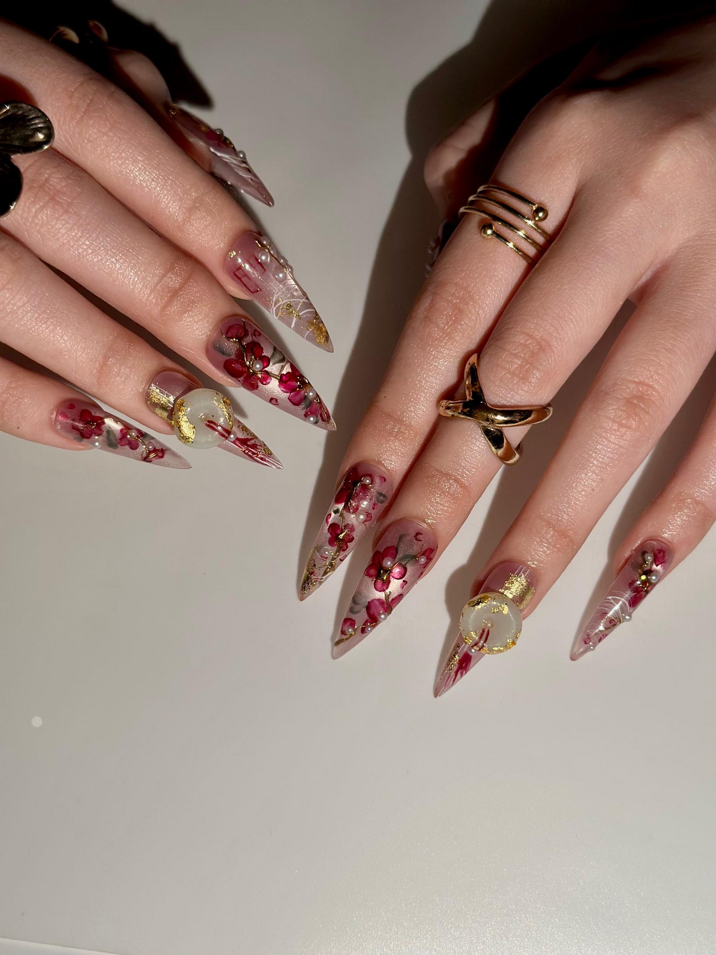 Handmade Cherry Blossom Press On Nails, Asian Inspired Luxury 3D Jade and Gold Leaf Nails, Elegant New Year Luxury Fake Nails, DB1021HC