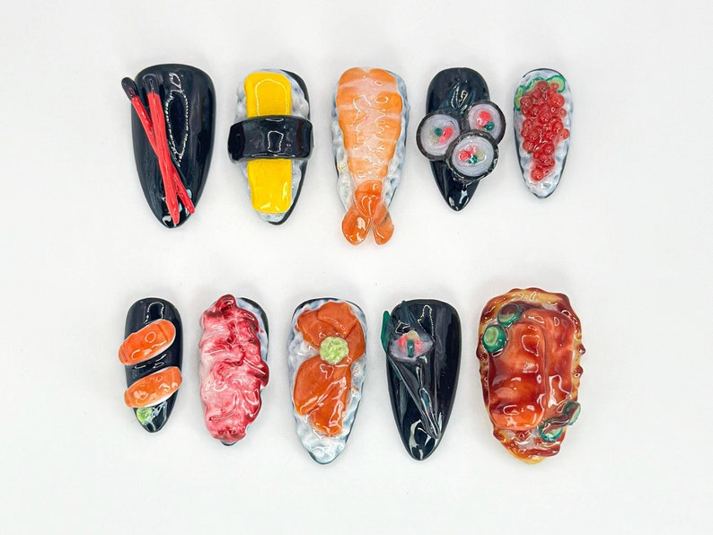 3D Japanese Sushi Press-On Nails | Sushi Nails with 3D Rolls and Nigiri Designs | Japanese Food Nail Art | Fun and Unique Design | JA647HC