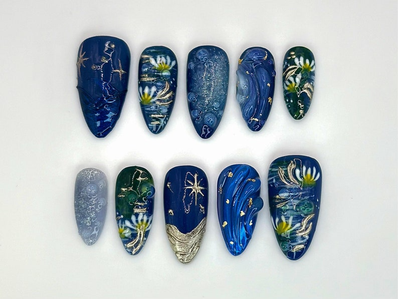 Midnight Daisy Garden Press On Nails | Handpainted Blue Ocean Waves & Starfish Nails | Ocean Themed Nail Art with Gold Accents | JC531HC