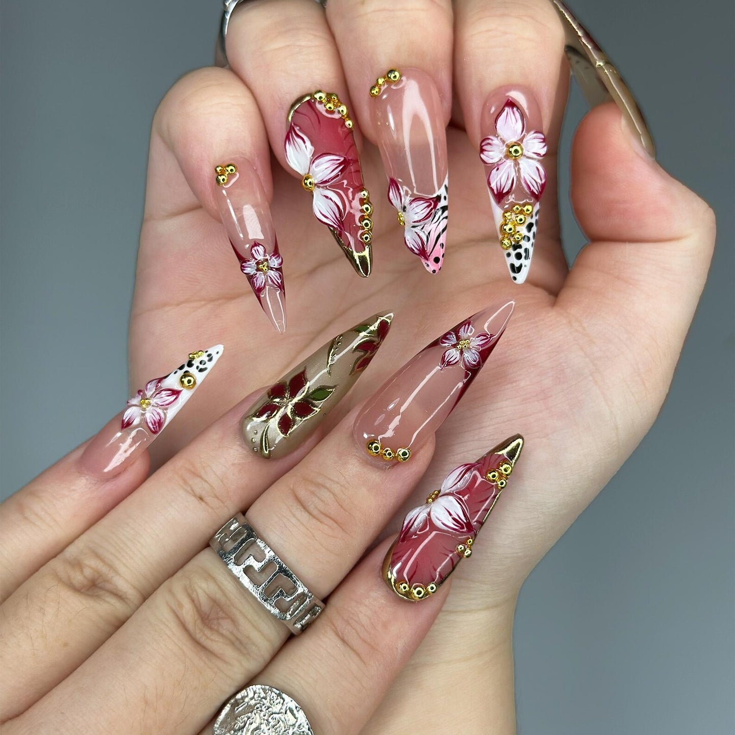 Burgundy Press On Nails Summer | Luxury Gyaru Stiletto Nails | 3D Flower Leopard Print Fake Nails | Dark Coquette Autumn Gift| OB409LK