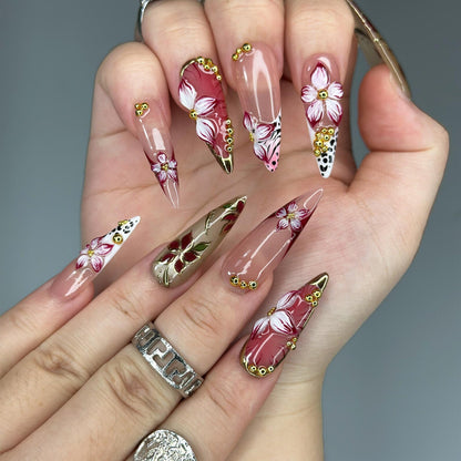 Burgundy Press On Nails Summer | Luxury Gyaru Stiletto Nails | 3D Flower Leopard Print Fake Nails | Dark Coquette Autumn Gift| OB409LK