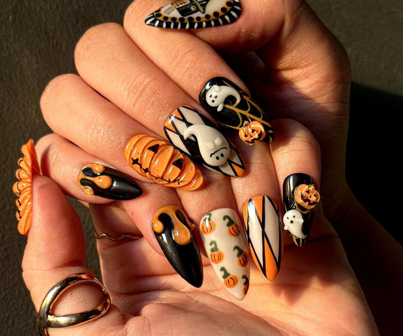Pumpkin Haunted Night Press On Nails | 3D Ghost Pumpkin Nail Art | Handmade Halloween Nail Design | Black & Orange Press Ons | HB102HC