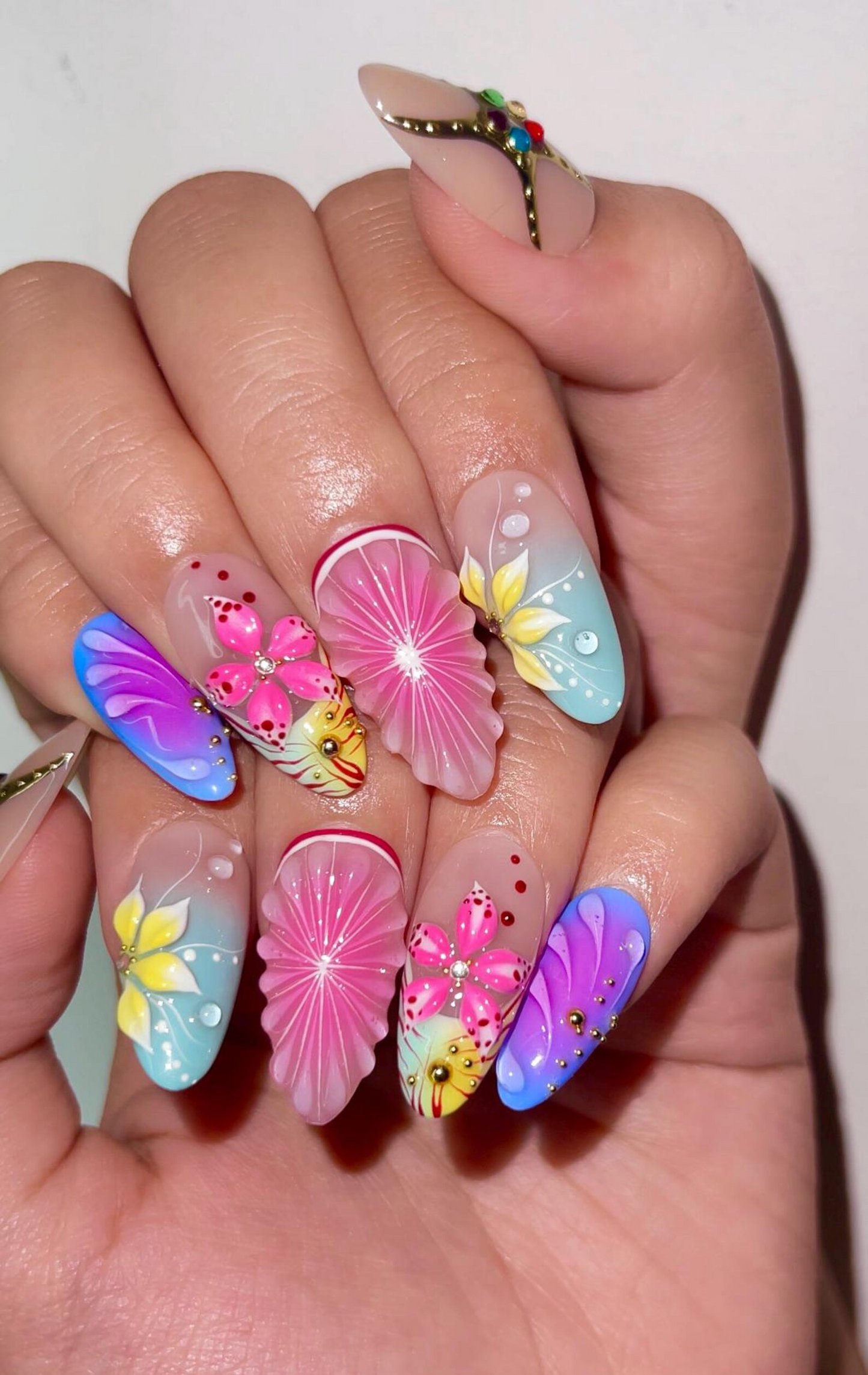 Tropical Bloom Press On Nails | 3D Flower Summer Nails | Colorful Citrus Slice Nails | Hand Painted Floral Nails | Vacation Nails | JB319H