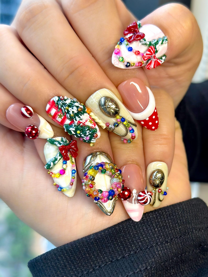 Merry Knit Christmas Press On Nails | 3D Bow Christmas Nail Art | Green Red Holiday Press Ons | Festive Handmade Set | JB220EC