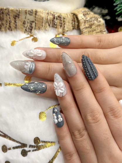 Silver Winter Stars Press On Nails | Elegant Winter Flower Nail Art | Grey Glitter Winter Nails | Frosty Holiday Press Ons | JC251EC
