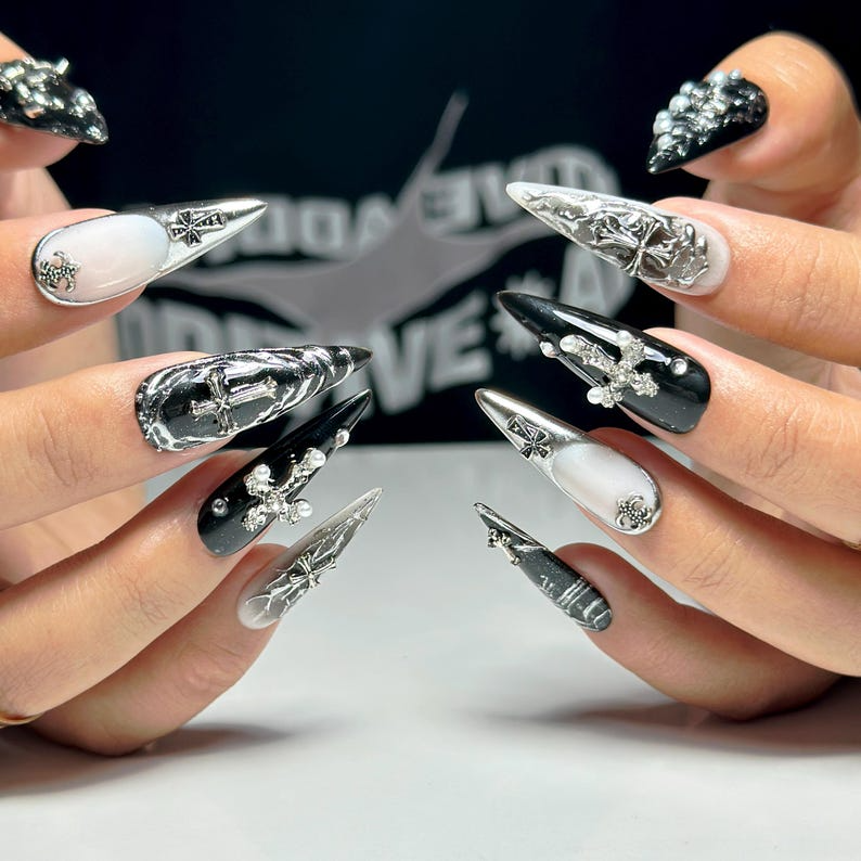 Black Gothic Press On Nails | Dark Alternative Nail Art | 3D Cross Nail Art with Pearls | Punk Fake Nails | Punk Rock Press Ons | HC194YP