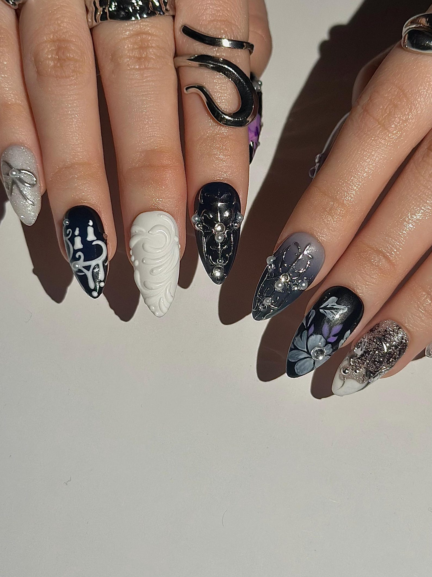 Gothic Violet Chrome Press On Nails | Black Silver Luxury Nails | 3D Baroque Floral Nails | Dark Elegant Nails | JC310HC
