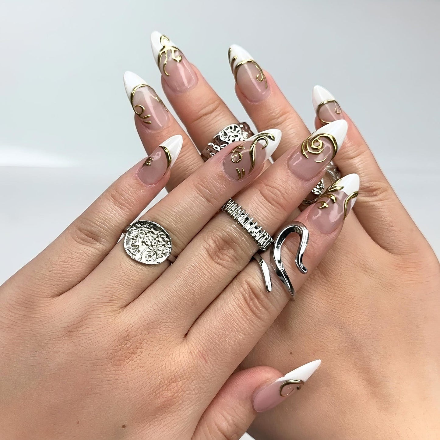 Gold Baroque Almond Press On Nails | Luxury 3D Chrome Bridal Wedding Nail Art | OB402LK