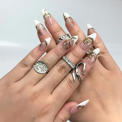 Gold Baroque Almond Press On Nails | Luxury 3D Chrome Bridal Wedding Nail Art | OB402LK