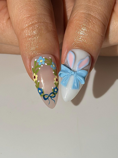 Easter Bunny Blue Press On Nails | 3D Rabbit Nail Art | Delft Blue Floral Nails | Cute Spring Easter Nail Set| Handmade Press Ons | HB1300HC