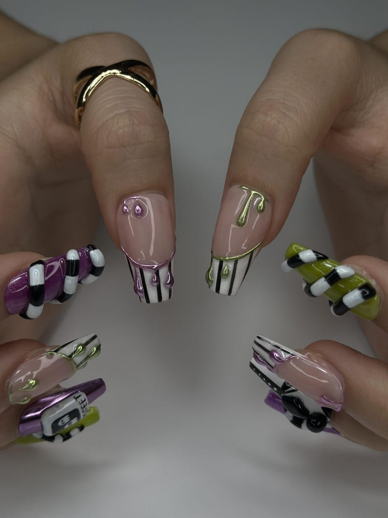 Spooky Stripes Press On Nails | Beetle-Inspired Gothic Nail Art | Handmade Creepy Cute Nails | Halloween Party Nail Art |