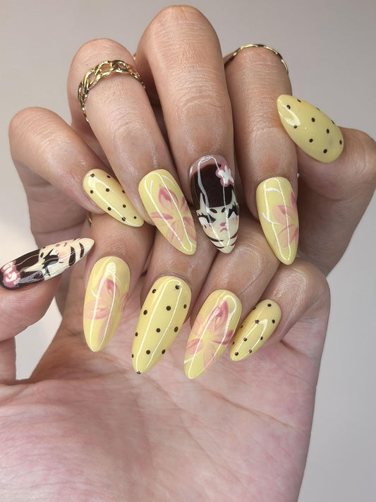 Polka Dot Butter Yellow Nails | Hand-Painted Vintage Anime Press Ons | Luxury 3D Floral Custom Trending 2026 Almond Art | OB389IG