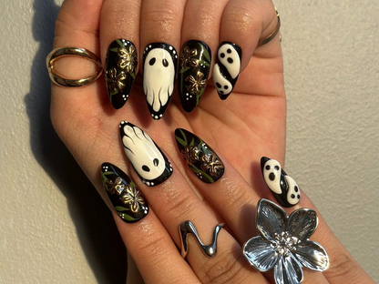 Midnight Ghost Garden Press On Nails | 3D White Ghost Nail Art | Black & Gold Floral Halloween Set | Handmade Spooky Long Nails | HB1081EK
