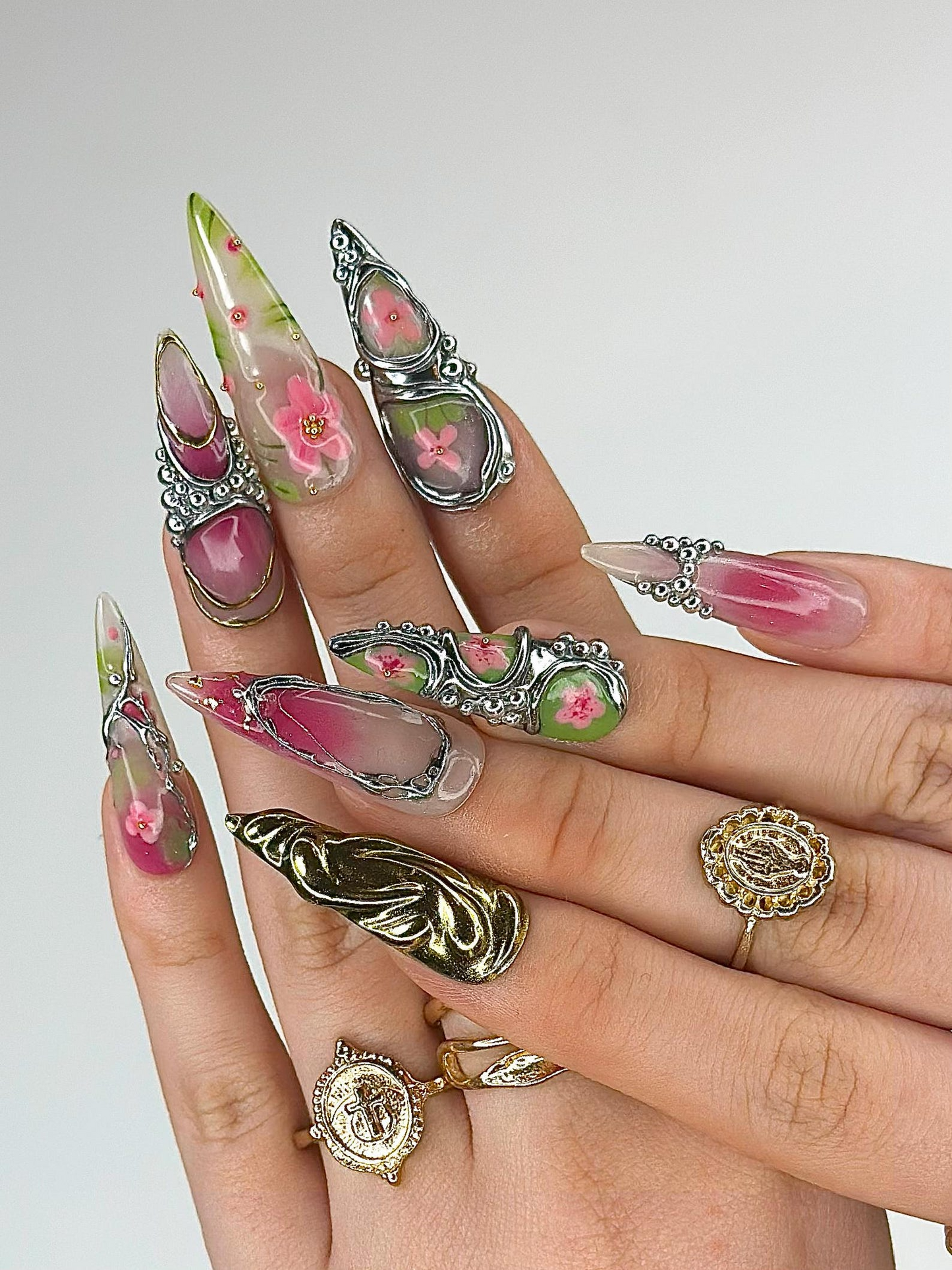 3D Luxury Floral Press On Nails | Flower Gold Chrome Nails | Handmade Statement Nail Art | Elegant Long Press Ons | HB997GK